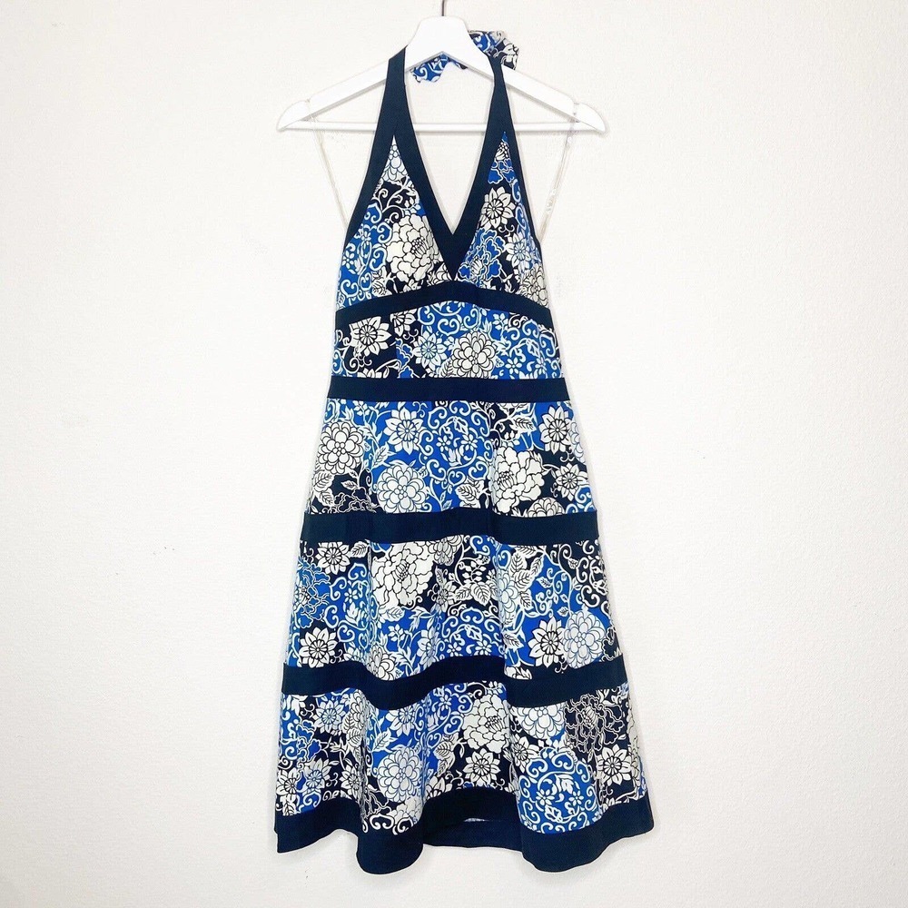 Kim Rogers Floral Striped Halter Padded Fit and Flare Blue and Black Dress 6